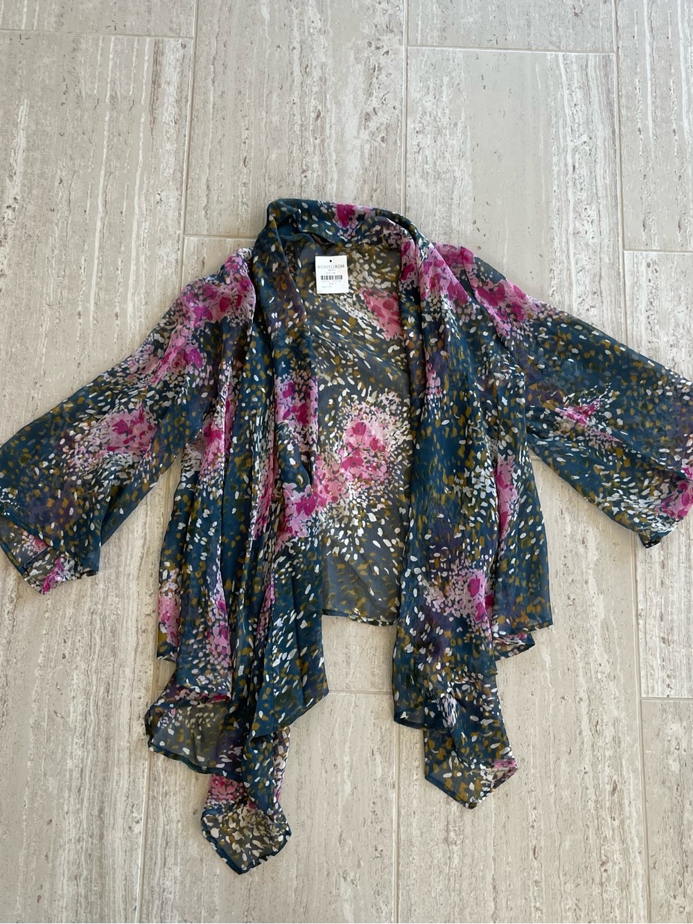 Nordstrom Pure Sugar Floral Sheer Wrap 100% Silk Cardigan Teal, Pink, Olive New